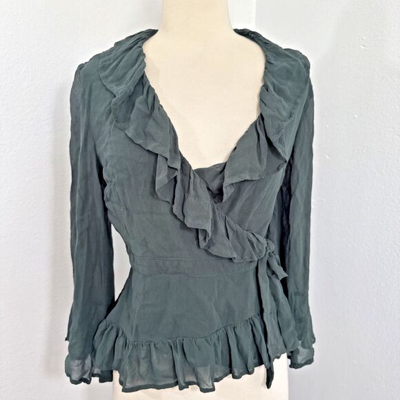 Chan Luu‎ Top Women Small Green Ruffle Wrap Flare Fairy Grunge 90s Y2K - Picture 1 of 11